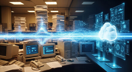 Cloud technology transformation, digital data flow connecting retro office with cloud storage, symbol of evolution from paperwork to modern virtual network