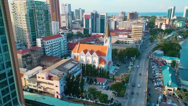 Aerial View of Dar es Salaam Skyline with Modern Buildings and Historic Church in Tanzania