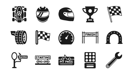 Auto racing and car service icon pack. A collection of monochrome vector pictograms for motorsport, including tire, wrench, speedometer, and winner's podium for garage or race day themes.