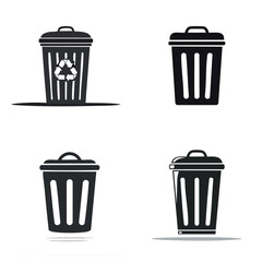 Four black and white illustrations of recycling bins, showing different perspectives and lid positions.