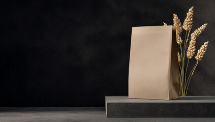 Brown Kraft Paper Bag with Wheat Ears on Podium Against Black Background
