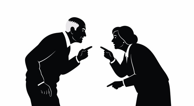 Two people in silhouette pointing fingers at each other, symbolizing disagreement or conflict.