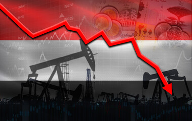 Petroleum crisis with Yemen flag on financial graph. Fall oil price with flag of Yemen on economic...