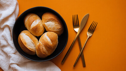 Black Bowl with Bread on Orange Background and Golden Cutlery