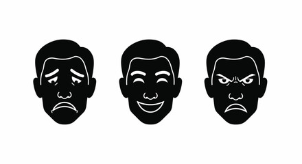 Fototapeta premium Three stylized faces showing a range of emotions from sadness to joy to anger.