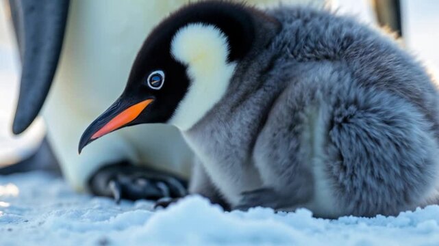 An emperor penguin chick sits on snow, fluffy and gray, while an adult penguin stands nearby. The scene captures the bond between parent and chick in a cold environment.