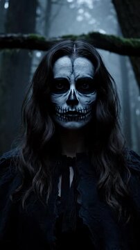 Woman in Skull Makeup in Dark Forest - A woman with long dark hair and a skull face paint stands in a dimly lit forest. She wears a dark cloak, creating a mysterious and eerie atmosphere.