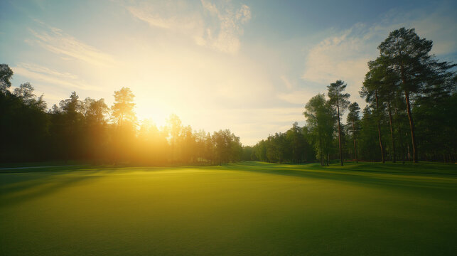 fairway. Vast green golf course under bright sunlight, capturing the tranquility of open landscapes. travel magazines, destination branding, designed for outdoor magazines and nature guides.