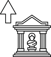 A statue of a man is sitting in front of a building with pillars