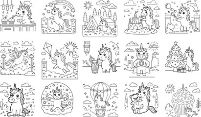 Whimsical unicorns and enchanting magical scenes for kids coloring pages featuring adorable creatures and fantasy elements isolated on white background