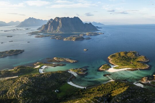 Coast of the island of Skrova and view of surrounding islands, Lofoten, Norway