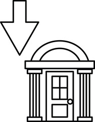 A building with a large archway and a sign pointing down