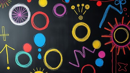 Obraz premium Colorful chalk art on blackboard, abstract shapes and patterns, close-up view.