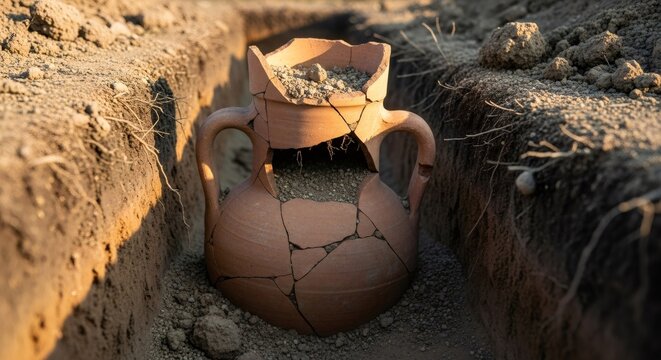 Ancient broken clay amphora unearthed during archaeological excavation. Historical artifact found in trench. Old jar with soil for history study.