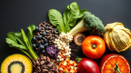 Vibrant circle of six colorful superfoods glowing with natural energy on dark background.