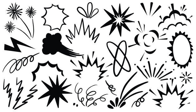 Collection of comic book elements, explosion, star, and line speed cartoon effect. Boom explosive motion line element set. Comic boom burst smoke. Hand drawn sketch doodle action vector illustration
