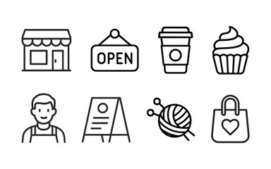 Set of shop and market icons with storefront, coffee cup, bakery display, fruit stand, cash register, mannequin, scissors and yarn. Black outline vector illustrations on white background.
