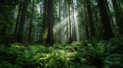 Fototapeta premium Sunbeams filtering through a dense, lush forest of tall trees and ferns