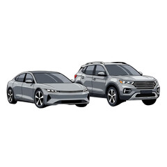 Naklejka premium Sleek modern sedan and rugged SUV parked side by side showcasing automotive innovation and diverse vehicle options for buyers