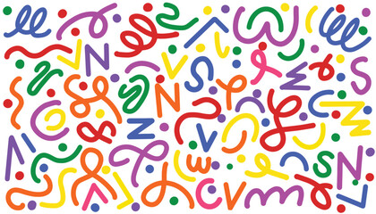 Memphis geometric fun colorful wavy line doodle seamless pattern. Childish scribble. Abstract background retro in 80s, 90s style with basic various shapes: semicircles, dot, zigzag, spiral, confetti