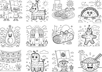 Fun mexican fiesta themed line art illustrations for coloring and design featuring celebration food and elements isolated on white background