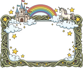 A whimsical frame with a castle rainbow unicorn clouds and stars for magical themed designs and content