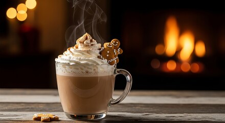A mug of hot chocolate with whipped cream and gingerbread man cookie