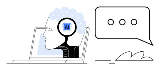 Profile of human head with AI chip, laptop interface, and speech bubble. Ideal for artificial intelligence, machine learning, innovation, human-computer interaction, data processing, future