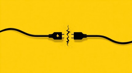 Black electrical plugs, split apart, against a bright yellow background, symbolizing disconnection