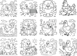 Charming cartoon chickens and roosters engaged in various farm activities perfect for children s coloring pages isolated on white background
