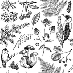 Autumn nature background. Fall leaves seamless pattern. Hand drawn vector illustration. Not AI generated