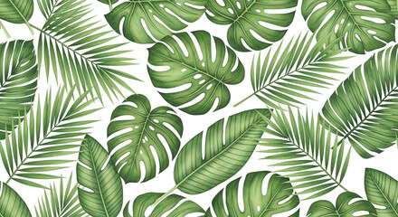 A seamless pattern of various green tropical leaves, including monstera and palm fronds, arranged on a white background.