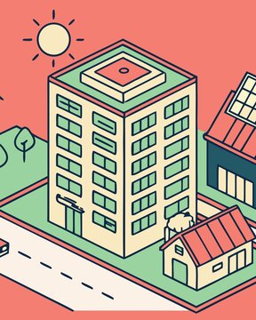 Connectivity isometric view of a tall building with solar panels and a small house