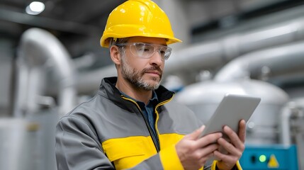 A construction worker wearing a yellow hardhat and uniform is using a digital tablet on an industrial production site, likely monitoring or inspecting the manufacturing process.