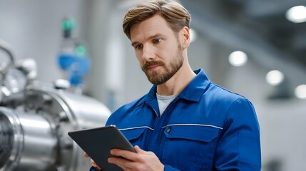 A focused male technician in a blue uniform examining industrial equipment and hinery using a digital tablet in a workshop or factory setting.