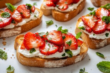 Bruschetta with Strawberries, Cream Cheese and Mint. Healthy Snack