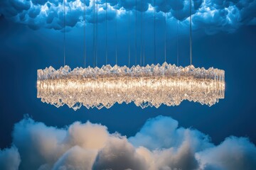 modern rectangular crystal chandelier above a cloud formation in a blue room.