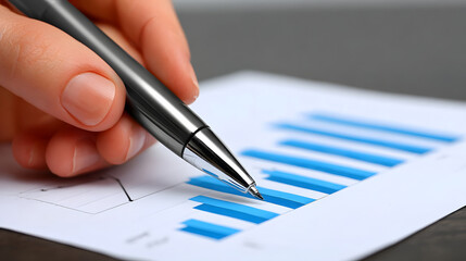 A close-up view of a person's hand holding a pen and carefully examining a chart or graph displaying financial or business data on a document or report.