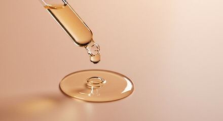Golden serum dripping from pipette on soft peach backdrop promotes natural beauty and skincare wellness, perfect for cosmetics advertising and spa promotions