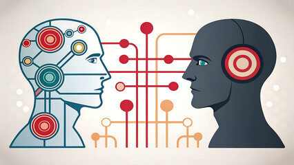 Conceptual illustration of artificial intelligence and human consciousness interacting through digital neural networks and data connections