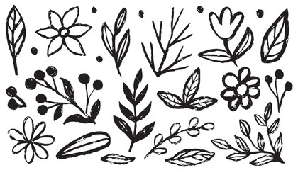 Flower brush stroke hand drawn sketch doodle flower, floral leaf elements ink style vector set. Simple botanical silhouette. Nature black paint kid scribble collage. Black rough flower border brush