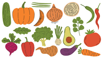 Set hand drawn colorful vegetables. Healthy organic food and fruit isolated on white backdrop. Modern minimal style doodle vector. Tomato, zucchini, eggplant, leek, potato, pepper, beet, salad, radish