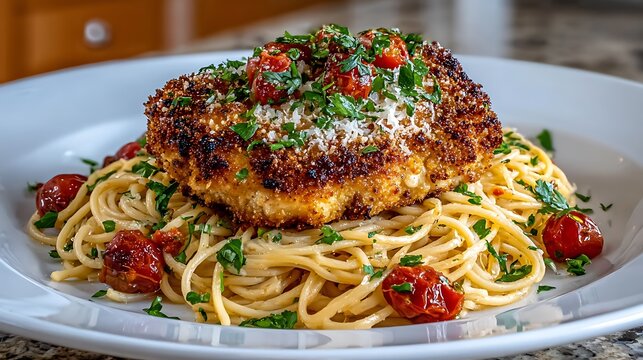 Savory Chicken Parmesan Served Over Spaghetti with Fresh Tomatoes and Herbs
