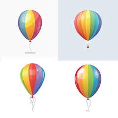 A festive and colorful celebration with a set of flying hot air balloons and helium balloons in red, orange, yellow, and green
