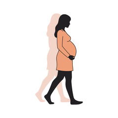 Silhouette of a pregnant woman walking, with a faded outline of her movement, representing pregnancy.