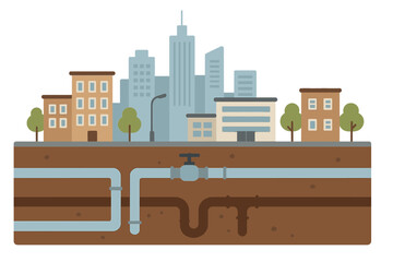 Level city infrastructure featuring skyline and subterranean pipelines