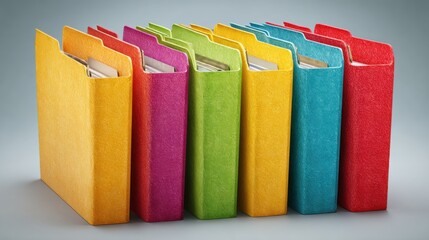 A row of colorful binders with a gray background.