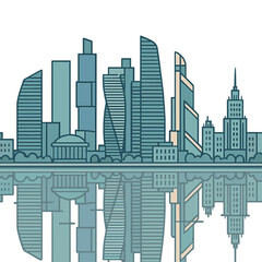 Obraz premium Moscow's futuristic skyline along the riverfront, showcasing skyscrapers and urban development, reflected in a modern cityscape