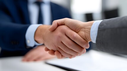 Two businessmen in suits shaking hands to finalize a deal or establish a new professional partnership, symbolizing trust, coope n, and future growth opportunities.
