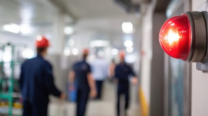 Red emergency signal light glows in factory hallway as workers in safety helmets walk in background, indicating evacuation path. scene conveys urgency and safety protocols